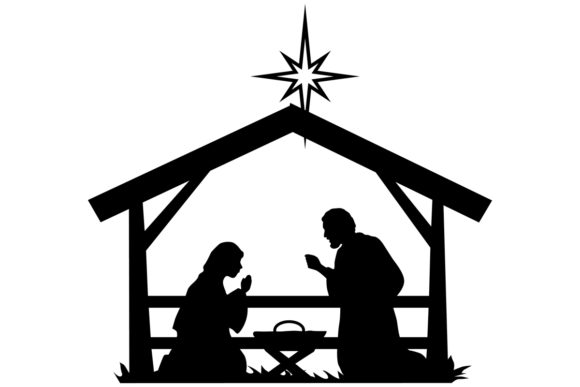 Presépio de Jesus, nas cores preto e branco, com Maria, José, Menino Jesus, na Estrebaria de Belém, com uma estrela