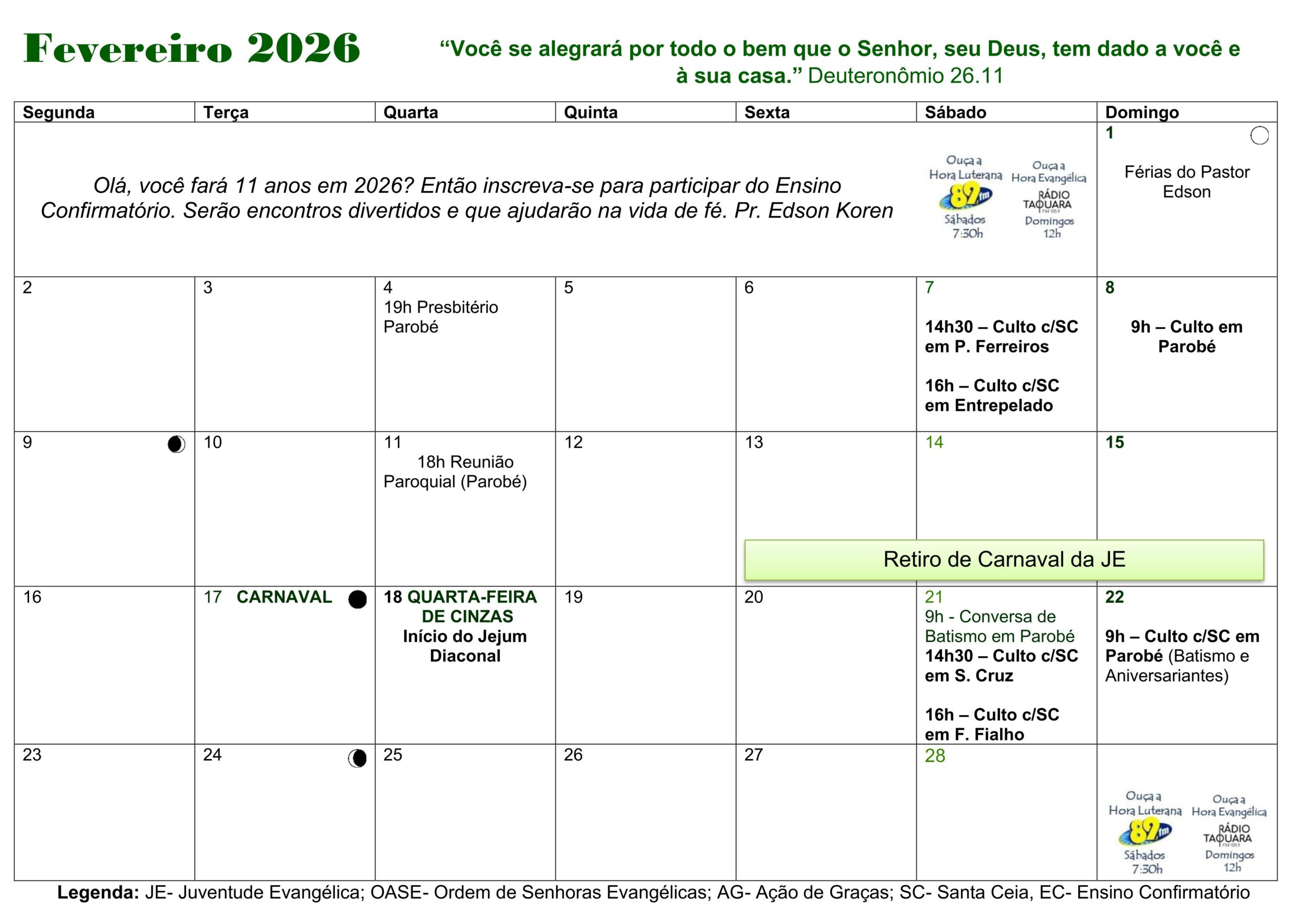 Programação do Mês de Fevereiro de 2026