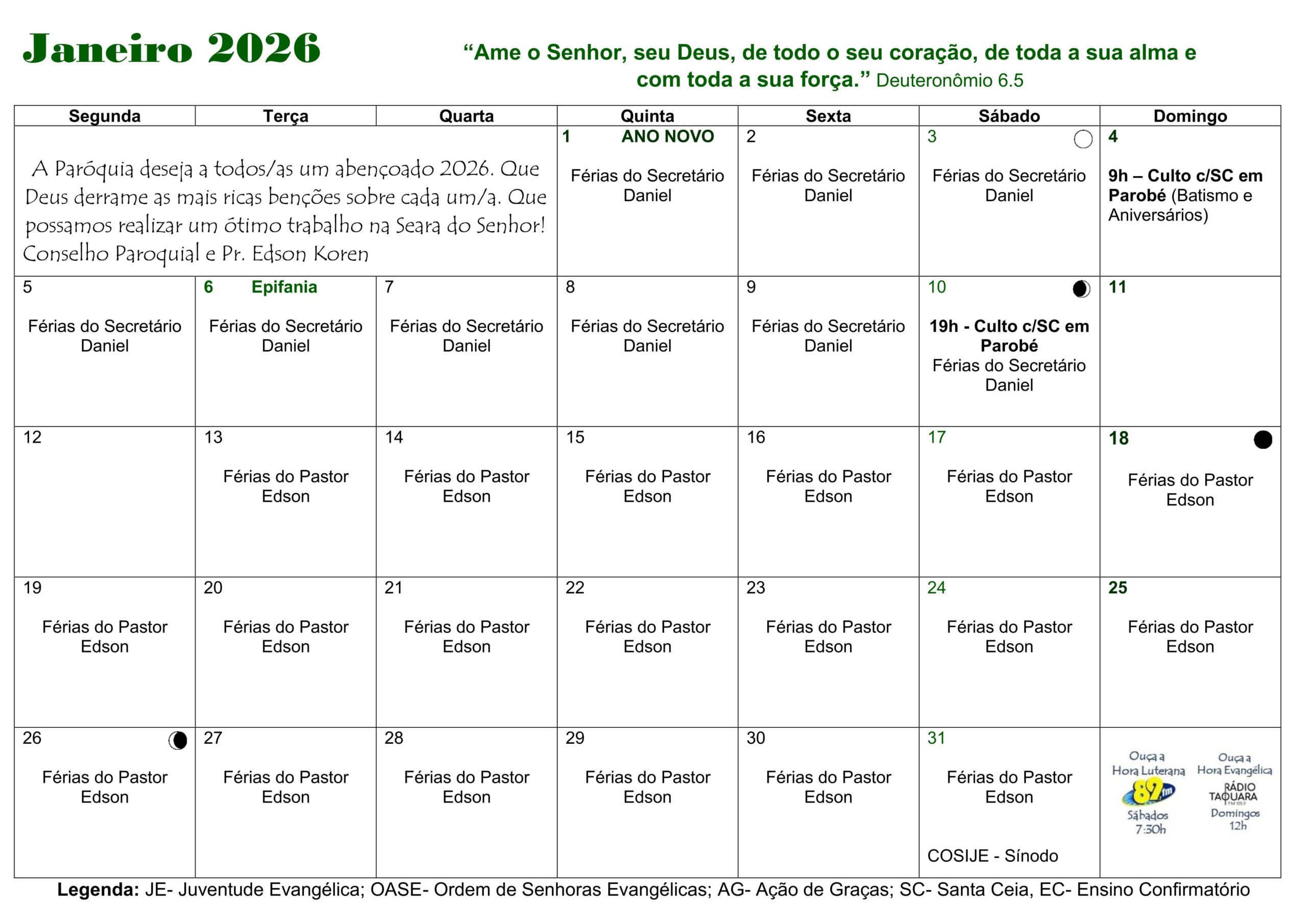 Programação do Mês de Janeiro de 2026