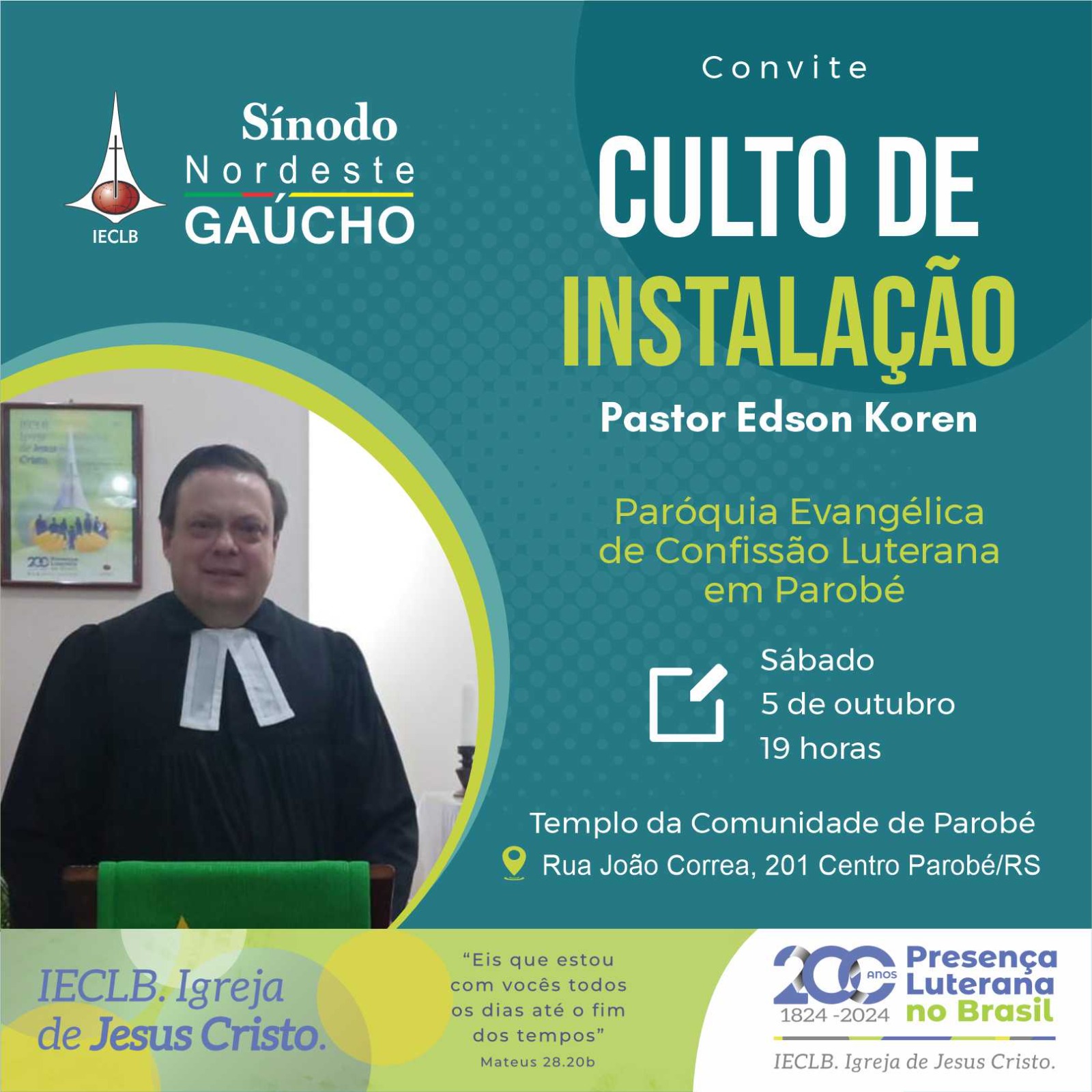 Convite culto de Instalação Pastor Edson Koren